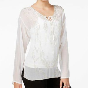 FAIRCHILD Silver Hand Beaded White Blouse Top